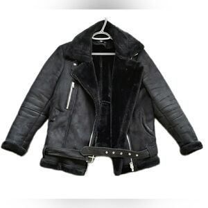 Women's Black Faux Shearling & Suede Moto Aviator Jacket
